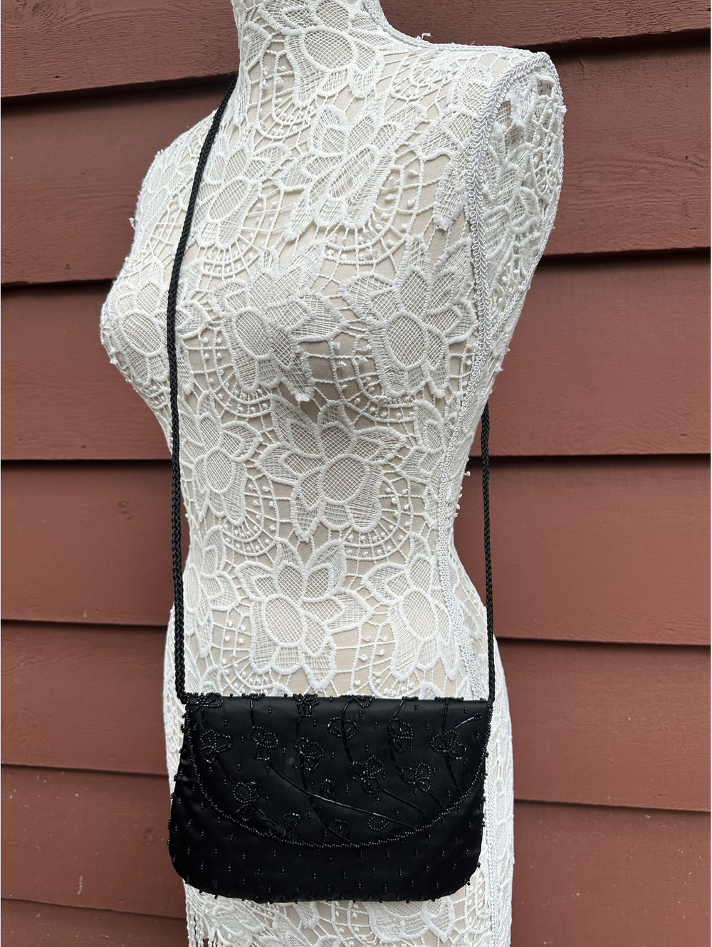Vintage Style Black‎ Beaded Evening Bag with Braided Strap